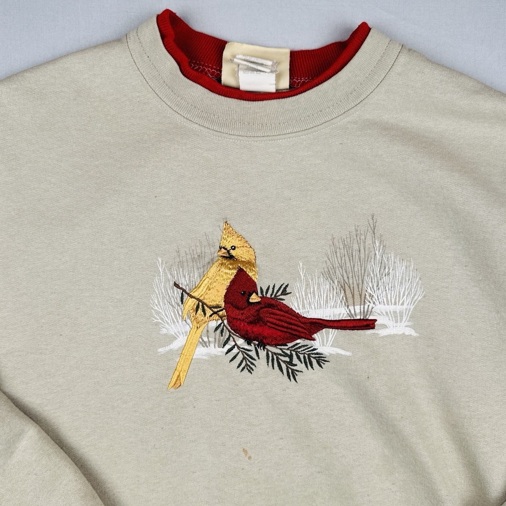 Vintage 90s Top Stitch Morning Sun Cardinal Bird Embroidered Sweatshirt L